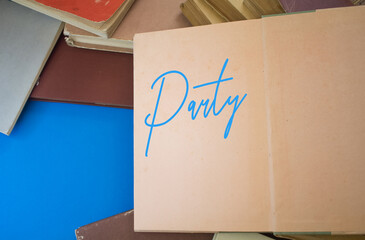 Poster - Party word in opened book with vintage, natural patterns old antique paper design.