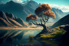 An Old Tree With Yellow Leaves Grows Next To A Lake, In The Distance Are Tall, Majestic Mountains. Amazing Beautiful Nature Illustration. Generative AI.
