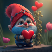 Super Cute Valentine Gnomes With Heart In Hands, Scandinavian Dwarfs With Love Symbols, Cartoon Character Gnome In Red Hat, Generative AI.