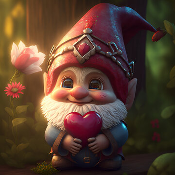 Super cute valentine gnomes with heart in hands, Scandinavian dwarfs with love symbols, Cartoon character gnome in red hat, Generative AI.