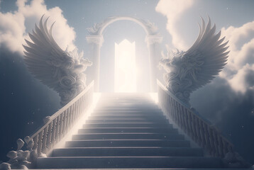 stairway to heaven, staircase in the clouds leads to the gates of Heaven, generative ai.