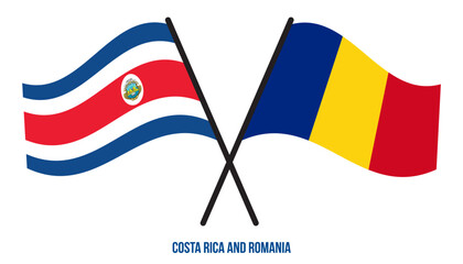 Costa Rica and Romania Flags Crossed And Waving Flat Style. Official Proportion. Correct Colors.