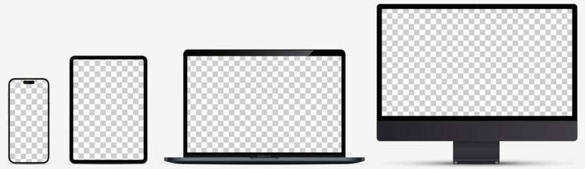 Wall Mural - Set of  realistic device screen mockup. Smartphone, tablet, laptop and computer monitor, with blank screen for you design. Vector illustration 2022-2023