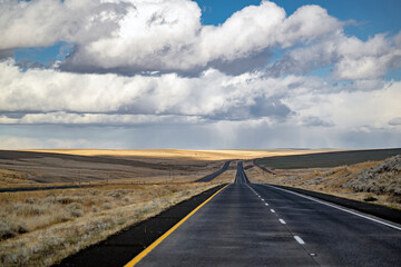 two branches of the road with opposite direction of traffic go beyond the horizon among the mowed gr