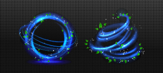 Wall Mural - freshness effect, blue air or wind flow with green leaves. glow circle and swirls, wand trails, fres