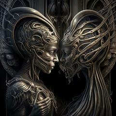 two people with nose touching abstract scifi scene, concepts of love, unconditional love