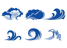 Hand Drawn Blue Ocean Waves. Sketch Sea Tidal Blue Waves Tide Splash Flat Icons Vector Illustration Isolated