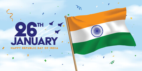 26th January Indian republic day banner. 
flag flying in the sky with confetti around