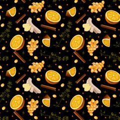 Spicy tea pattern. Spiced tea seamless background. Cartoon cinnamon, ginger, black paper, cardamon, clove and sea buckthorn. Packaging, menu design, and interior decorating. Vector illustration.