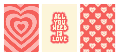 Wall Mural - Groovy romantic set posters. Trendy backgrounds in retro style 60s, 70s. Happy Valentines day greeting card. Vector illustration