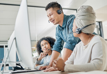 Poster - Customer support communication, computer or call center manager working on telecom microphone, contact us CRM or customer service. Ecommerce, consultant team or telemarketing mentor consulting online