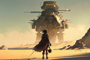 apocalypse warrior facing a giant mechanical beast in desert, digital painting style made with gener