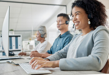 Black woman, call center consultant and contact us with CRM and happy employee at desk with keyboard and computer. Communication in customer service or telemarketing with tech support and online.