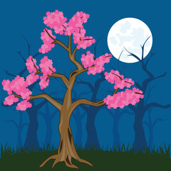 Canvas Print - Moon night in fairy-tale wood with flowering sakura