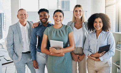 Poster - Portrait, happy or business people in a digital agency in an office building with motivation, goals or mission. Leadership, team work or confident employees smile with pride, solidarity or support