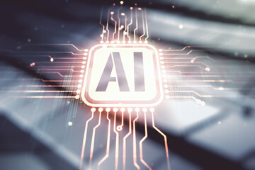 Poster - Abstract virtual artificial Intelligence symbol hologram on blurry abstract metal background. Multiexposure