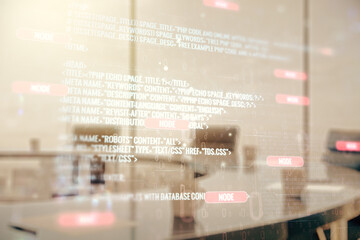 Poster - Multi exposure of abstract software development hologram on a modern meeting room background, research and analytics concept