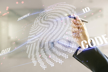 Poster - Multi exposure of programmer's hand with pen working with virtual abstract fingerprint illustration on blurred office background, digital access concept