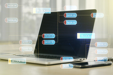 Poster - Double exposure of abstract creative programming illustration on computer background, big data and blockchain concept