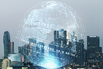 Poster - Multi exposure of abstract creative coding sketch and world map on Los Angeles city skyline background, artificial intelligence and neural networks concept