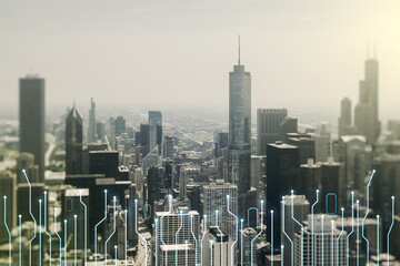 Aufkleber - Abstract virtual micro circuit sketch on Chicago office buildings background, future technology and AI concept. Double exposure