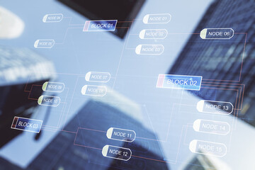 Fototapete - Multi exposure of abstract graphic coding sketch on modern architecture background, big data and networking concept