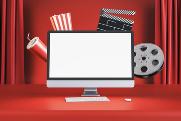 Poster - Online cinema movie watching concept with blank white modern computer monitor screen with space for your logo or text on red cinema background with popcorn and film-strip. 3D rendering, mockup