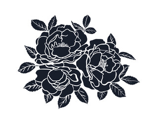 Sticker - Black silhouette of rose isolated on white background. Rose bouquet stencil. Vector illustration.