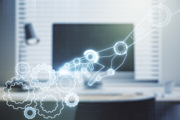 Aufkleber - Creative abstract robotics technology hologram on modern computer background, artificial intelligence and machine learning concept. Multi exposure