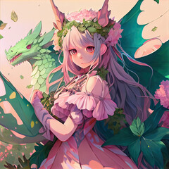 Wall Mural - Cartoon cute moe girl full of flower and a dragon. Character Design. Concept Art Characters. Book Illustration. Video Game Characters. Serious Digital Painting. CG Artwork Background. Generative AI
