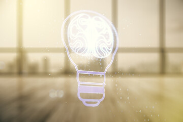 Aufkleber - Abstract virtual idea concept with light bulb and human brain illustration on empty corporate office background. Neural networks and machine learning concept. Multiexposure