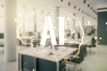 Aufkleber - Double exposure of creative human brain microcircuit hologram on a modern furnished office interior background. Future technology and AI concept