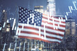 © Pixels Hunter - Multi exposure of virtual abstract financial graph interface on US flag and skyline background, financial and trading concept