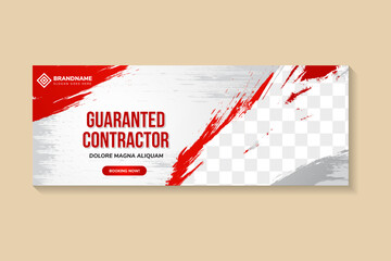 Poster - web page banners template design with headline is guaranteed contractor. space of photo and text. Advertising banner with horizontal layout. grey gradient background with diagonal brush pattern red
