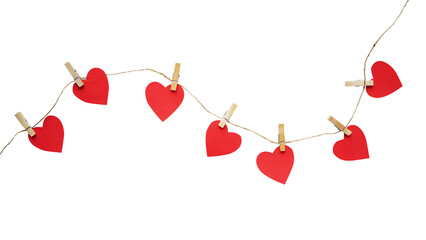 Poster - Heart shape paper clipped in rustic rope for romantic background and valentine decoration