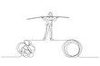 Drawing of businesswoman walk on tight rope balancing between problem. Single continuous line art style