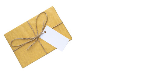Poster - Vintage gift box with rope and blank card. Minimalist retro background and copy space