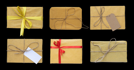Poster - Set of various gift box with ribbon bow and postcard ornament