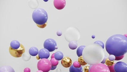 Poster - 3D render of balls, bubbles, on bright pastel background. Digital, trend, conceptual illustration for advertising products, wallpaper, cover, banner for decoration with copy space.