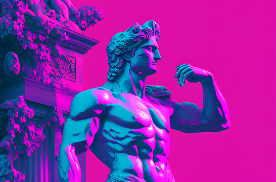 Greek god sculpture in retrowave city pop design, vaporwave style colors, Generative Ai