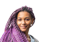 Portrait Of Beautiful African American Young Woman With Afro Hairstyle With Nose Piercing Isolated On White Background,studio Shot,girl With Colored Hair,purple Curls