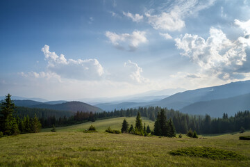 Wall Mural - amazing panoramic view with beautiful clouds over tree-covered mountain slopes, rhodope mountains in