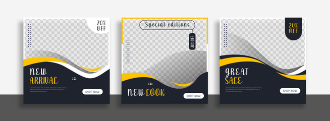 Wall Mural - set of editable minimal square banner template. blue yellow white background color with geometric sh