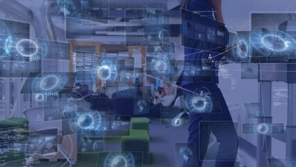 Poster - Animation of data processing over woman walking on treadmill, exercising in office