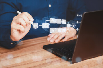 Poster - Analysts work with business analytics and computer data management systems, making reports with KPIs and database-connected metrics. Corporate strategy for financial organization, sales, marketing.