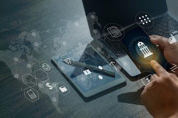 Poster - online banking online payments man shopping and digital technology business on virtual screen