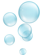 Water Bubbles Set PNG Isolated. Translucent Cosmetic Aqua. Realistic Blue Bubbles With Reflection.