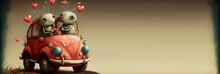 Love Bug Characters Driving A Buggy, Valentines Day Greeting Card - Generative Ai