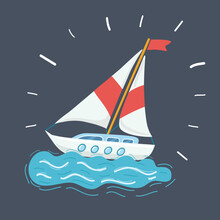 Cartoon Image Of A Wooden Sailing Boat. Vector Illustration For Web Design, Print, Magazine, Poster.
