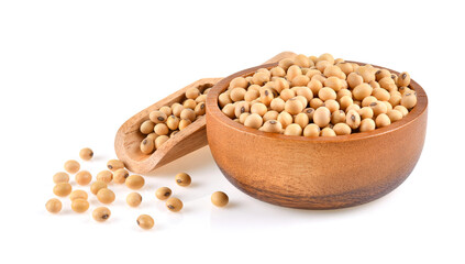 Wall Mural - Dried soya beans in wooden container on white background.